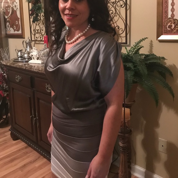 Bebe grey cocktail evening mini bodycon bottom flattering top - Picture 1 of 5